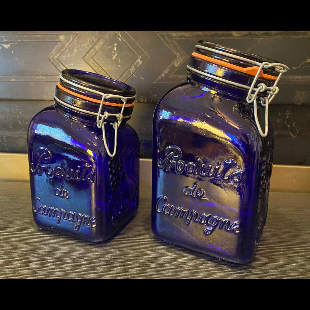 ヴィンテージコバルトブルーフルーツジャーガラス古道具