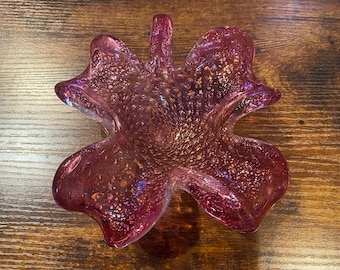 1960’s Magenta & Silver Murano Glass Clover-Shaped Tea Candle Dish