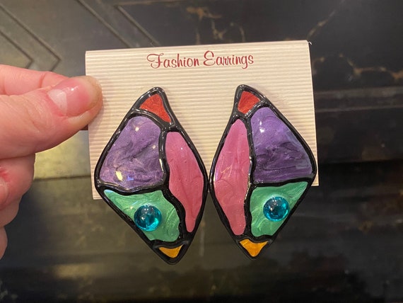 Unique 1980’s Stained Glass Style Earrings - image 1