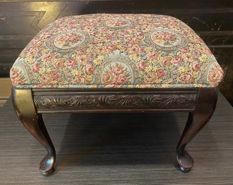 Antique Wooden Footstool with Pink Floral Tapestry Cushion