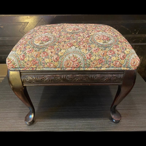 Antique Wooden Footstool with Pink Floral Tapestry Cushion