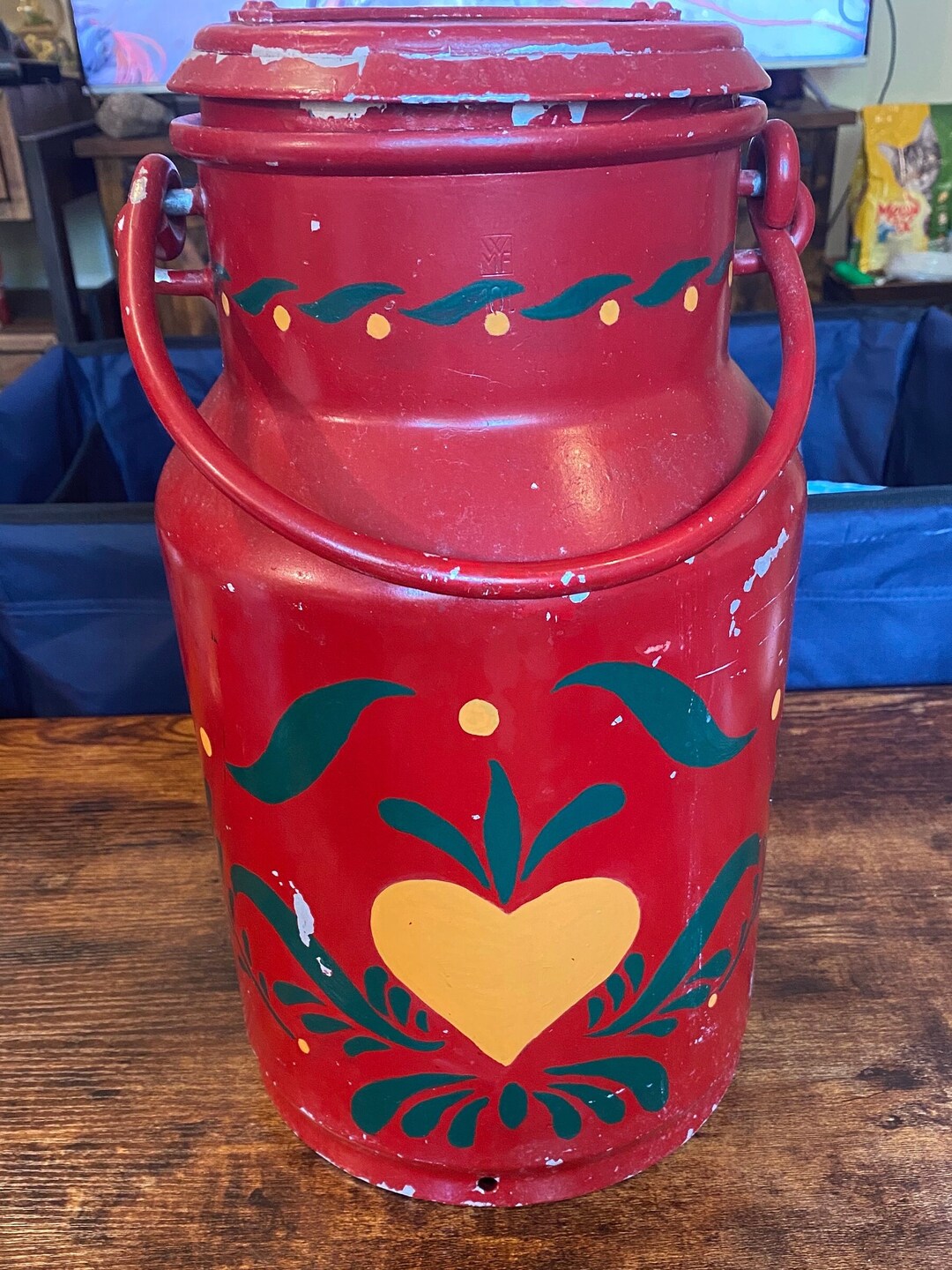 Large Handpainted Red Galvanized Milk Can With Lid // Vintage
