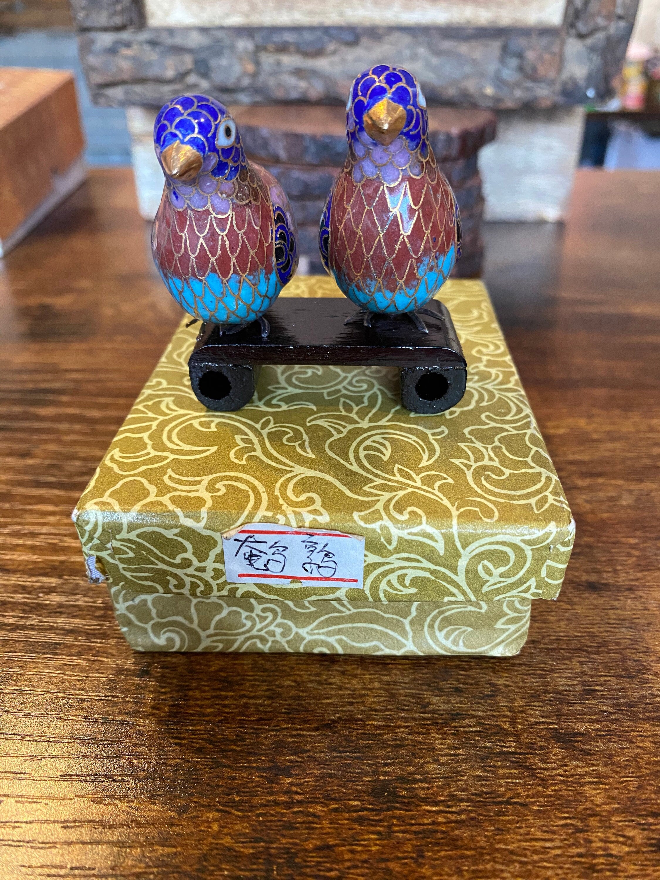 2 Vintage Chinese Cloisonné Enamel Gild Birds W/ Wooden Stand in