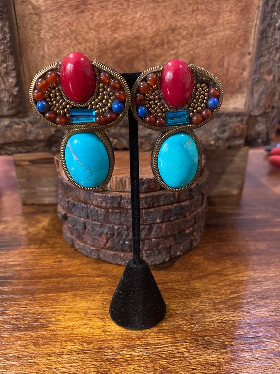 Vintage SIGNED Hansen 88 Turquoise Clip-on Earrin… - image 1