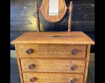 Vintage Wooden Doll Dresser/Jewelry Box with Swivel Mirror