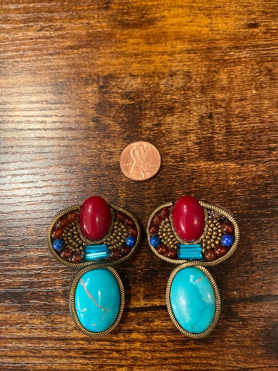 Vintage SIGNED Hansen 88 Turquoise Clip-on Earrin… - image 3