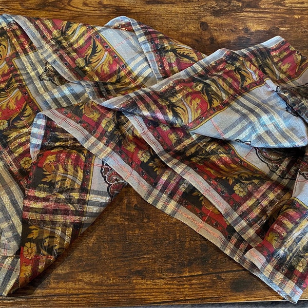 Vintage Metallic Plaid Scarf // Red, Black, White & Gold Shiny Neckerchief