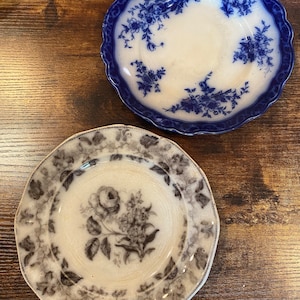 2 Early 1900’s Transferware Gray & Blue Floral Ceramic Plates