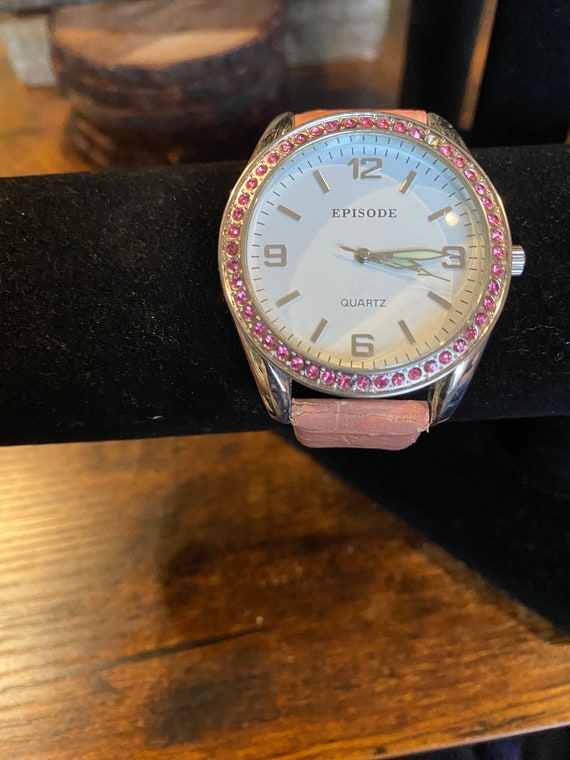 Vintage Pink Rhinestone Watch with Faux Pink Leath
