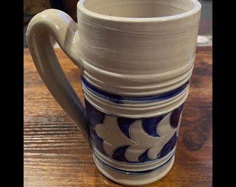 1970’s Heavy Salt Glazed Blue & Beige Williamsburg Pottery Mug