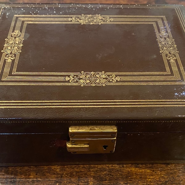 1970’s Gold Embossed Chocolate Brown Locking Jewelry Box with Key