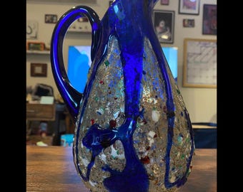 SELTENE Vintage Murano Italien Blau Tropfglas Strukturierter Krug
