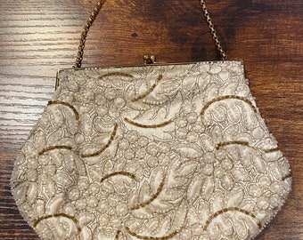 Vintage Flapper Purse: Satin-Lined, Off-White Embroidered & Beaded Clutch with Short Chain Strap