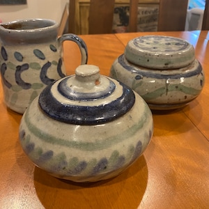 Handmade Primitive Pottery 3-Piece Set— Blue Glazed Stoneware Pitcher & 2 Urns