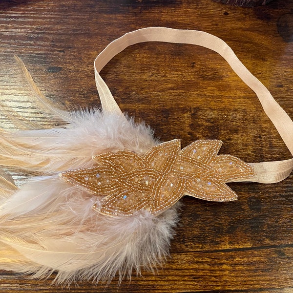 Vintage Light Pink Elastic Headband w/ Beading & Feathers