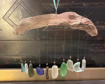 Handmade Natural Driftwood & Sea Glass Sun Catcher Wind Chimes