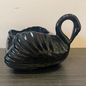 Könnte beinhalten: Ein glänzender, schwarzer Keramik-Schwan-Pflanztopf. Der Pflanztopf hat einen gebogenen Hals, der einen Griff bildet, und detaillierte Flügelstrukturen. Der Schwan ist ein dekorativer Artikel, geeignet für Pflanzen oder als eigenständiges Akzentstück.