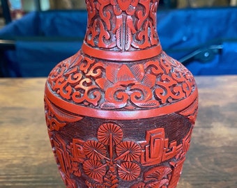 RARE Hand-Carved Cinnabar on Brass Vase