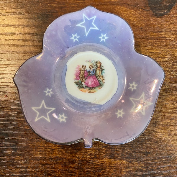 Sachet de thé ou repose-cuillère à thé en porcelaine Lusterware violet japonais vintage unique