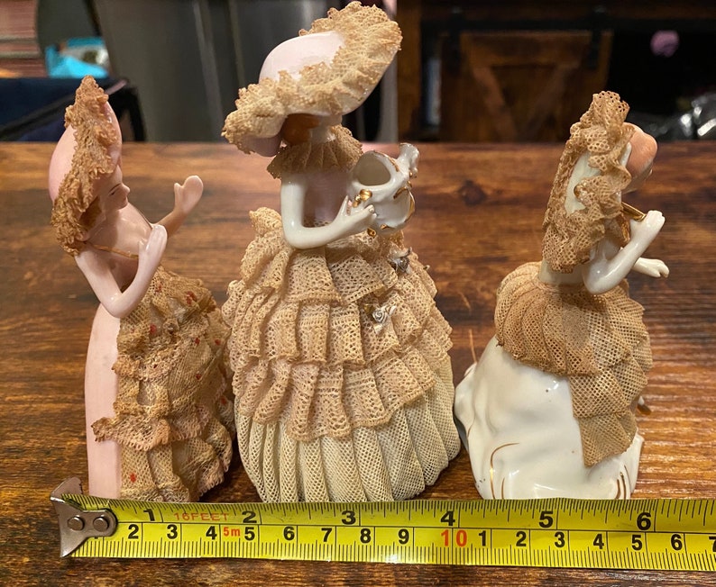 3 Vintage Dresden Figurines Porcelain & Lace French Renaissance Ladies