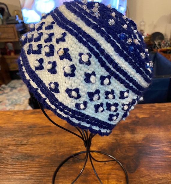 Unique Hand Knitted Blue & White Vintage Beanie wi