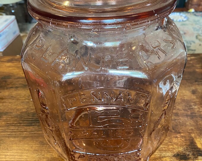 RARE Pink Depression Glass Planters Pennant 5 Cent Salted Peanuts Jar
