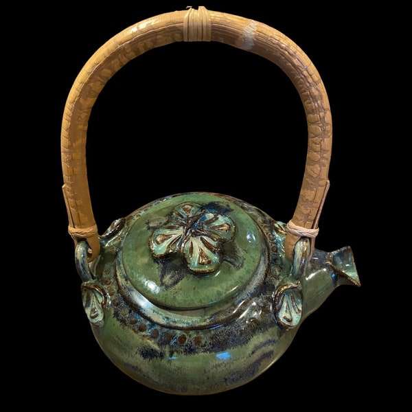 Handmade Vintage Green Glaze Pottery Teapot with Bamboo Handle