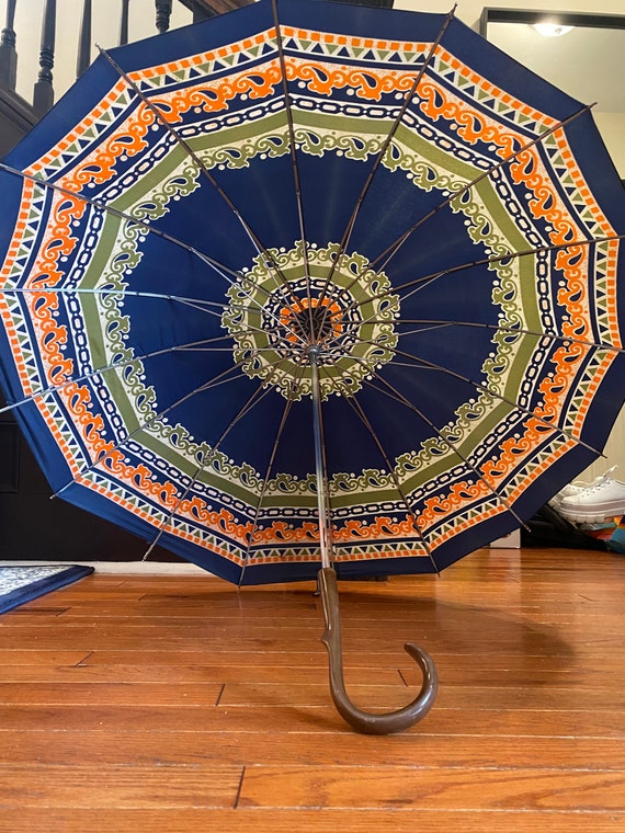 Boho Vintage Navy Blue, Orange & Green Umbrella