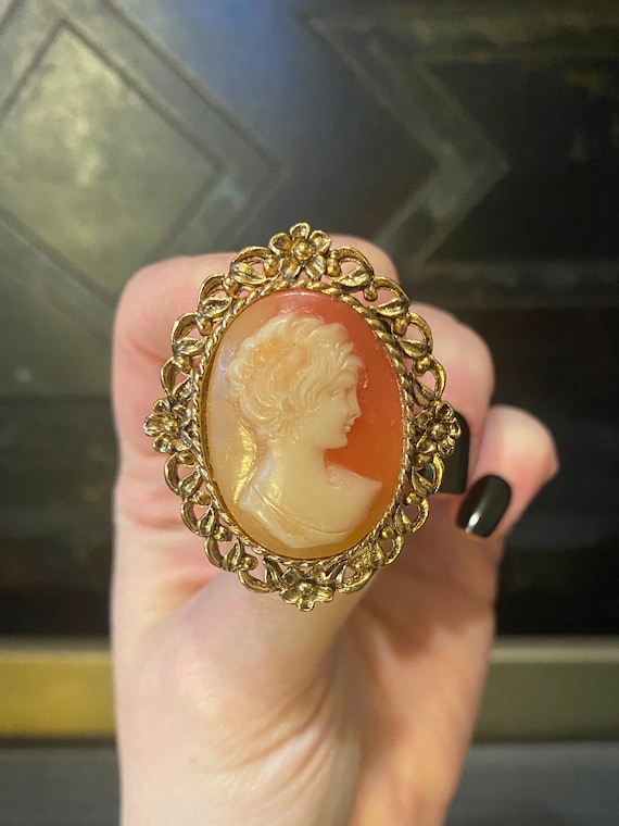 Vintage Carved Coral Lucite Cameo Brooch w/ Ornate