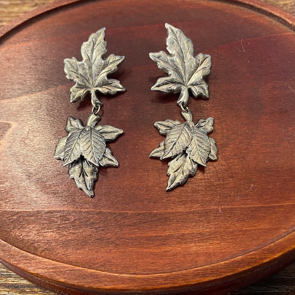 Vintage Pewter Maple Leaf Dangle Earrings with Post Back