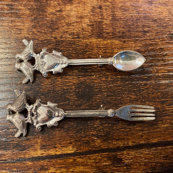 Sterling Silver Pair of Lan Brooches— Spoon & Fork with Love Birds