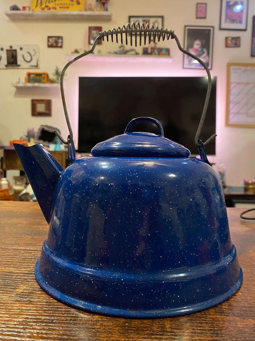 Vintage Blue Speckled Enamelware Kettle Etsy