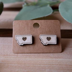 Montana Earrings, Wood Earrings, Montana Stud Earrings, Engraved Stud Earrings, Heart, Montana