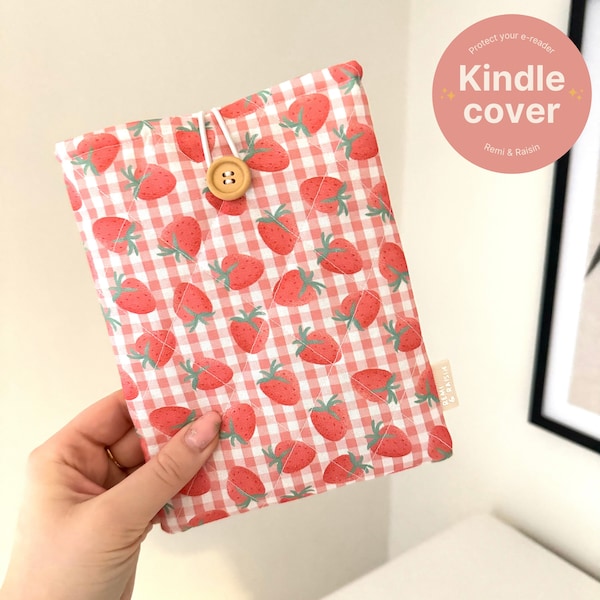 Quilted Gingham Kindle Case Sleeve - Pink Gingham Strawberry Fruit Fabric Kindle Paperwhite Cover - Bookish Gift - E-reader Protection Pouch