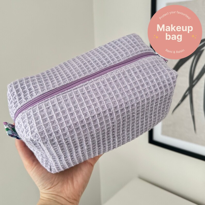 Purple Waffle Makeup Bag With Floral Lining Waffle Cotton Storage for