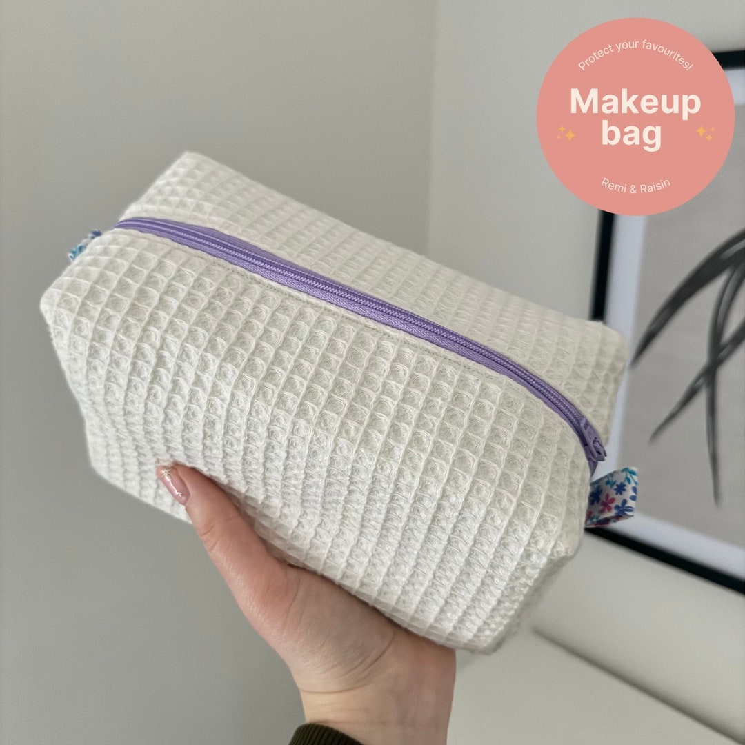 Waffle Makeup Bag With Purple Floral Lining Waffle Cotton Storage for
