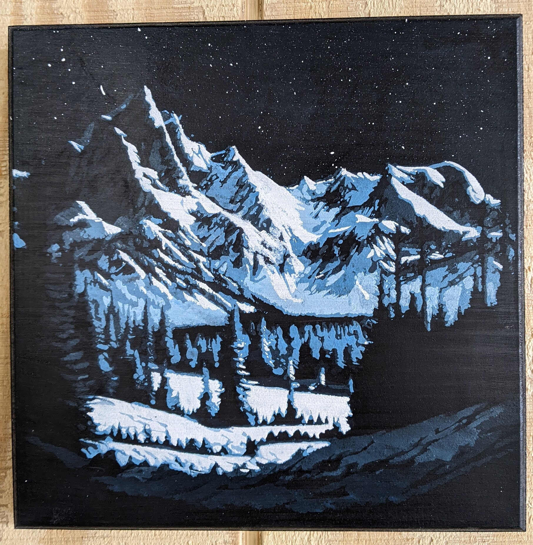 Snowy Mountain at Night Acrylic Painting on White Pine 12x12 ...