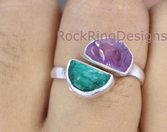 Raw Amethyst and Emerald 925 Sterling Silver Adjustable Ring