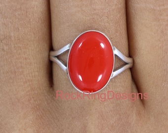 Anello in corallo rosso, pietra preziosa ovale, fascia in argento sterling 925