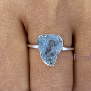 Raw Aquamarine Ring, Uncut Stone, Sterling Silver
