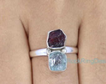 Raw Aquamarine Garnet Ring, Sterling Silver Double Stone Ring