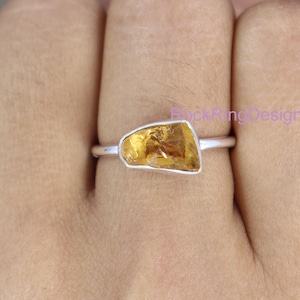 Raw Citrine Ring, 925 Sterling Silver Ring, Natural Citrine Silver Ring, Uncut Gemstone Ring Healing Crystal Raw Stone Ring, Horizontal Ring