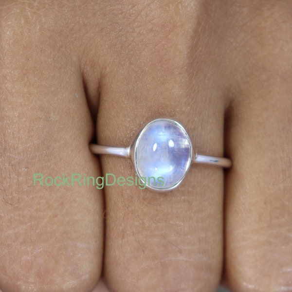 Natural Rainbow Moonstone Ring, Sterling Silver Ring, Genuine Blue Fire Moonstone Ring, Minimalist Midi Ring, Ring For Girls, Promise Ring