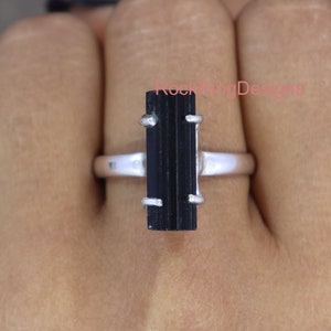 Genuine Tourmaline Ring, Sterling Silver Ring, Black Tourmaline Ring, Natural Large Size Tourmaline Ring, Prong Setting Ring, Raw Stone Ring