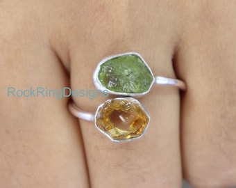 Raw Peridot Ring, Raw Citrine and Peridot Ring, 925 Sterling Silver Ring, Uncut Crystal Ring, Double Stone Ring, Adjustable Silver Ring