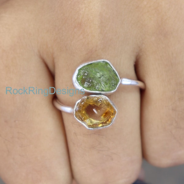 Raw Peridot Ring, Raw Citrine and Peridot Ring, 925 Sterling Silver Ring, Uncut Crystal Ring, Double Stone Ring, Adjustable Silver Ring