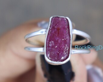 Bague en argent sterling rubis brut, cristal naturel non taillé, double anneau