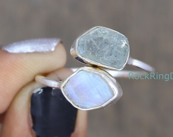 Anillo de piedra lunar y aguamarina en bruto, ajustable, plata de ley, cristal sin tallar