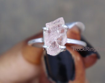 Genuine Raw Morganite Ring, Sterling Silver Ring, Uncut Healing Crystal Ring, Gemstone Ring, Prong Setting Ring, Solitaire Engagement Ring