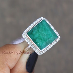 Raw Emerald Ring, Sterling Silver Ring, Designer Ring, Large Emerald Ring, Handmade Engagement Ring, Birthstone Ring, Green Gemstone Ring